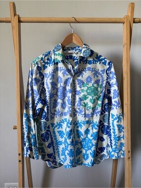 Zara Blue, Teal & White Printed Button-Down Shirt